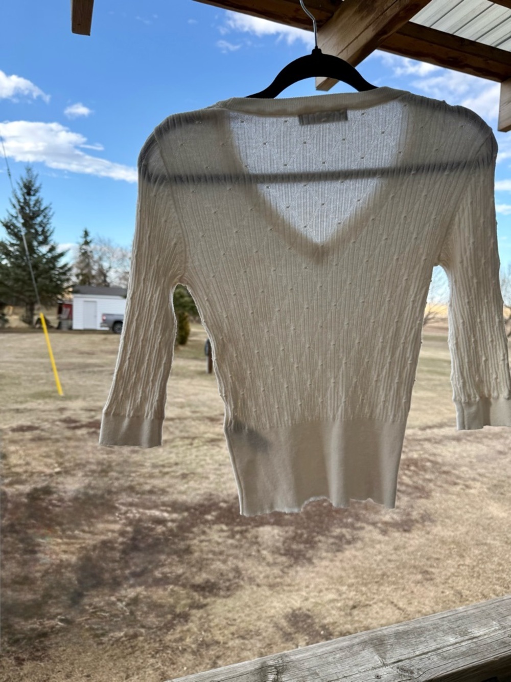 Women's Cream V-Neck Cable Knit Long Sleeve Top - Picture 3 of 7
